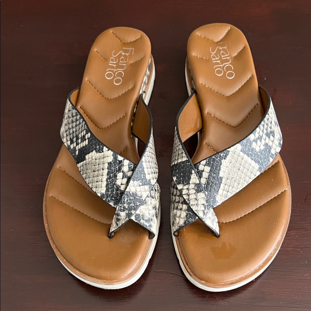 Franco Sarto Tan Footbed Snake-Print Crisscross Sandals